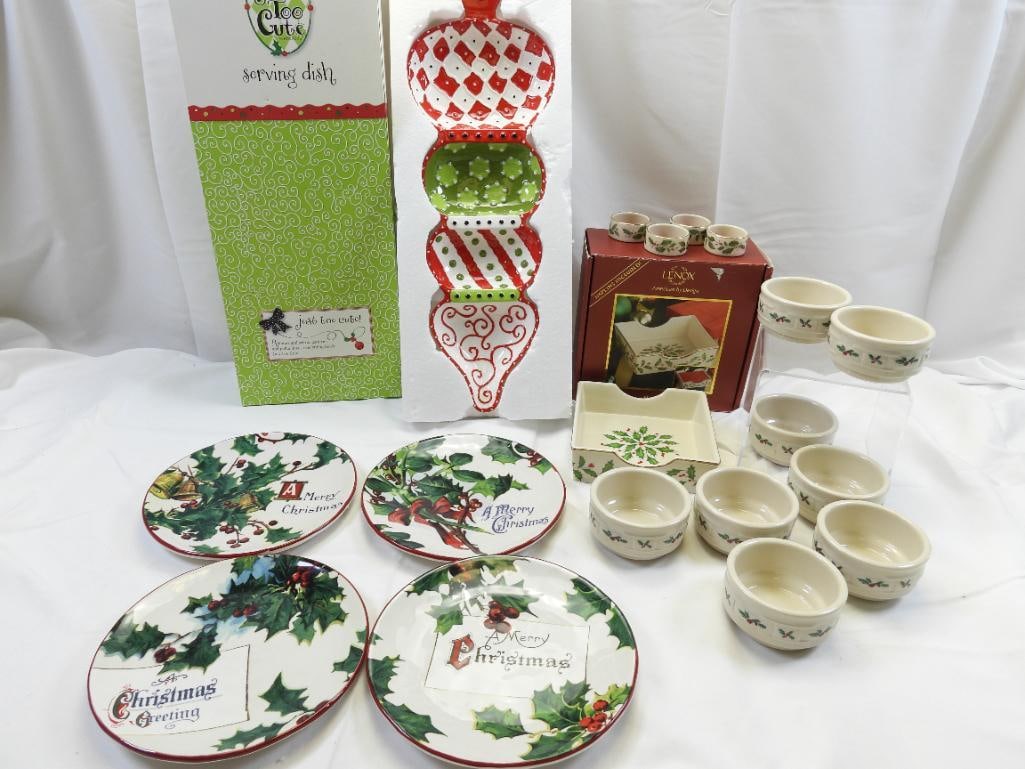 LOT OF Holiday LENOX Napkin Holder, WILLIAMS SONOMA Lunch Plates, LONGABERGER Ramekins, and ENESCO (1 of 9)