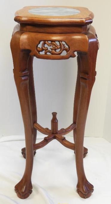 Tall Oak Marble Inlay Plant or Vase Stand Oriental Design: Tall Marble Inlay Plant or Vase Stand is Oak32" tall x 14" wide x 14" wide with ball and claw feet as well as oriental carved motif