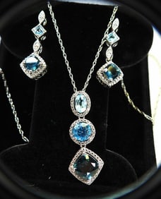 Sterling Silver Aquamarine and diamond Pendant necklace and earrings set 7.3 grams