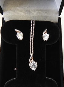 Sterling Silver & gold 2 tone Heart CZ Pendant necklace earrings set 4.4 grams Matches lot 10