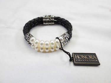 NEW Honora Sterling Silver bali style and cultured pearl leather bracelet 7"
