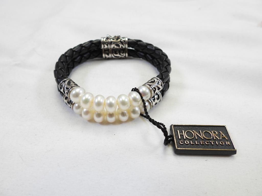 NEW Honora Sterling Silver bali style and cultured pearl leather bracelet 7" (1 of 4)