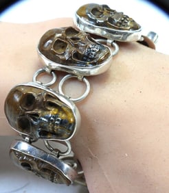 NEW CHARLES ALBERT Sterling Silver and Carved Stone 5 Panel Bracelet
