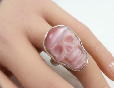 NEW CHARLES ALBERT Sterling Silver and Pink Stone Skull Ring