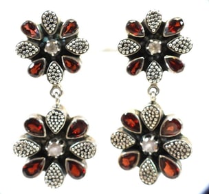 Sterling Silver and Gemstone Flower Drop Earrings