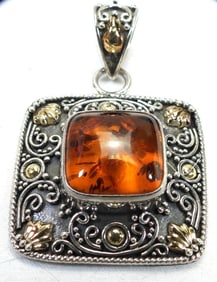 Sterling Silver with 18K Gold and Amber Pendant