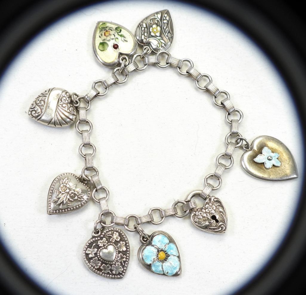Sterling Silver and Enamel Heart Charm Bracelet , VINTAGE (1 of 5)