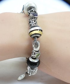 SAMUEL B 18kt gold Sterling Silver, Enamel, Pearl, and Gemstone Charm Bracelet