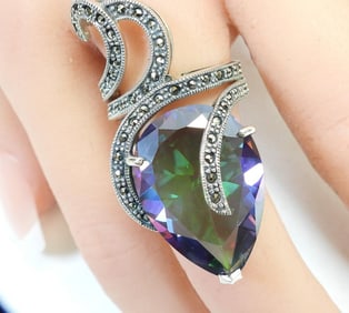 Sterling Silver, Marcasite, and Crystal Cocktail Ring