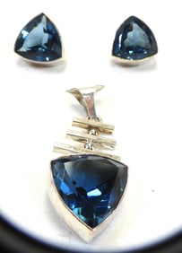 Sterling Silver and Blue Topaz Earrings and Pendant MATCHING SET