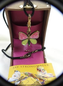 NEW JAY STRONGWATER BOXED Enamel and Crystal Butterfly Pendant on Cord