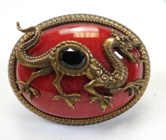 PATRICE Vintage Red Jade and Black Onyx Dragon Brooch Pendant