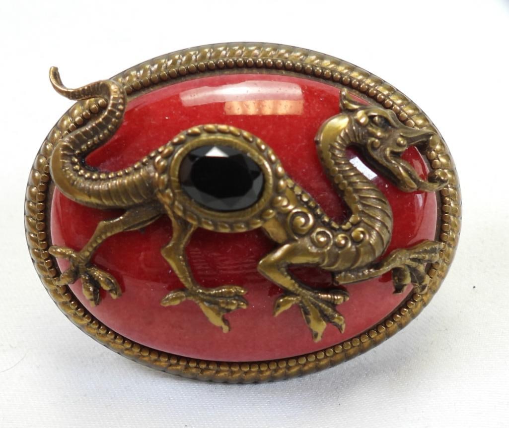 PATRICE Vintage Red Jade and Black Onyx Dragon Brooch Pendant (1 of 4)