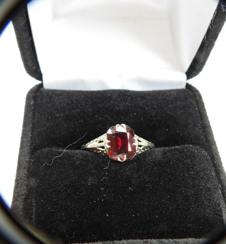 Antique 14kt white gold filigree garnet ring 1.5 grams sz. 5.5 (1 of 3)