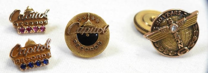 10kt Gold Lot of 4 pins Diamond, topaz and Ruby Boeing and Capitol Records with gemstones