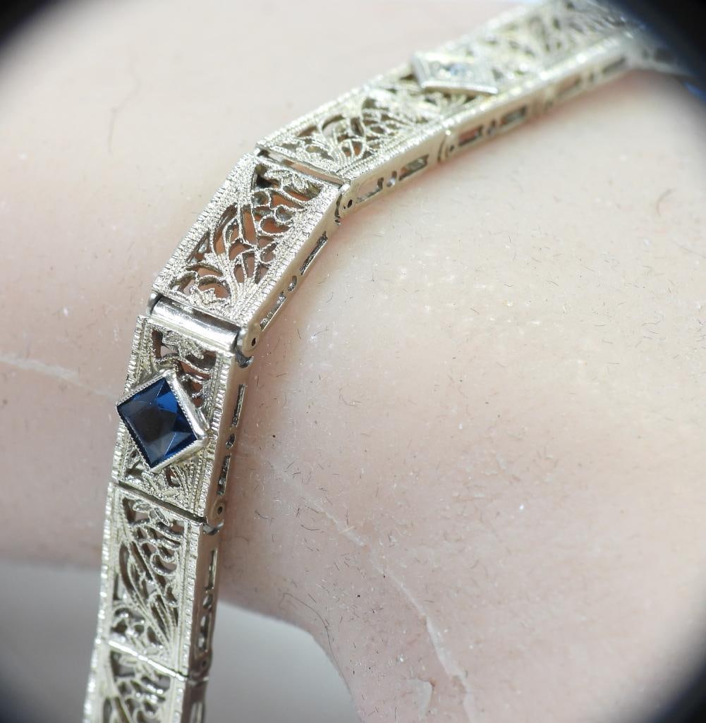 Antique Vintage14kt white gold diamond filigree gemstone panel bracelet 11.6 grams (1 of 3)
