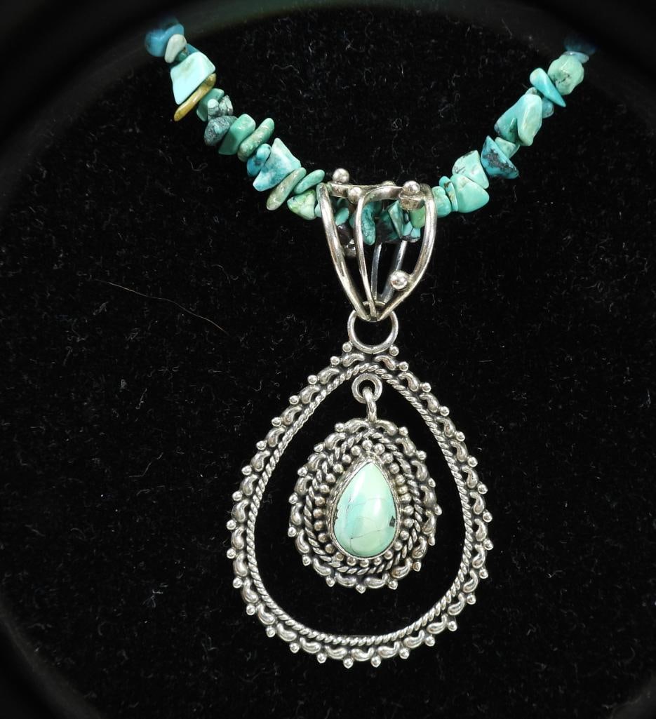 Sterling Silver Turquoise Pendant Necklace 27.2 grams. (1 of 4)