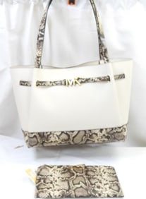 New Michael Kors white leather and snakeskin print handbag and wristlet