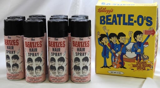 LOT of 11 Contemporary Decorated "Hairspray" Cans, and a Decorated "Beatle-O's Ceral Box Mock-up