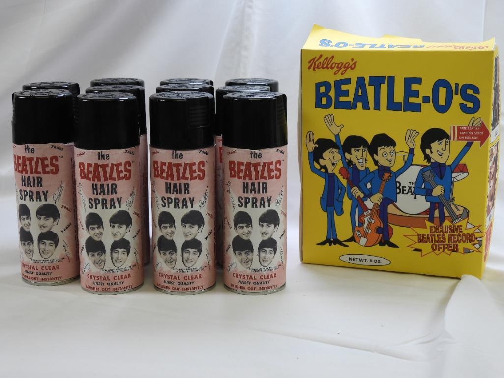 LOT of 11 Contemporary Decorated "Hairspray" Cans, and a Decorated "Beatle-O's Ceral Box Mock-up (1 of 5)