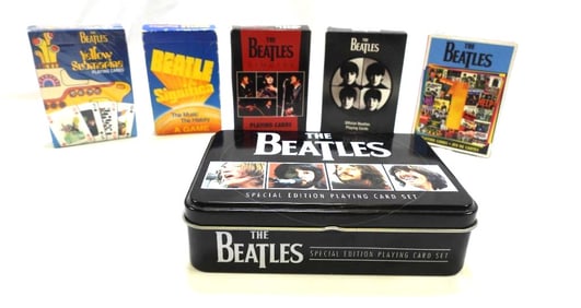 LOT OF 6 BEATLES Themed Playing Card decks, 1 NEW, 1 in tin box