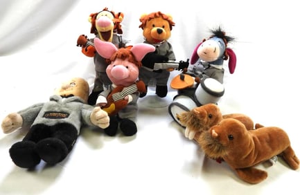 LOT OF 4 DISNEY STORE Winnie the Pooh themed and 1 THREE STOOGES plush bean bag toys