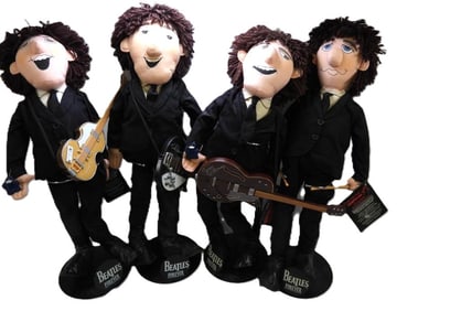 LOT OF 4 THE BEATLES FOREVER Soft Sculped Textile Art Dolls with Stands, 1987, 3 with TAGS