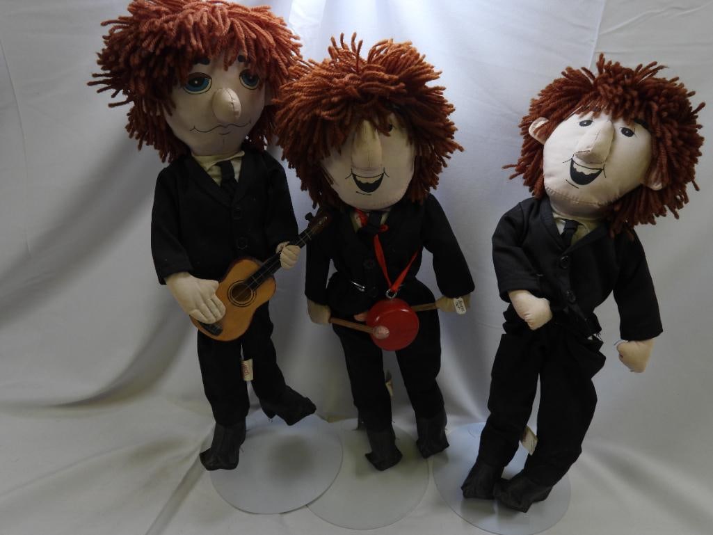 LOT of 3 Soft Sculpted Textile Art Dolls by SUGAR LOAF of Beatles Ringo, John and George with Stands: Lot includes 3 soft-sculpted textile art dolls with stands, dated 1994, John Lennon, Ringo Starr, George Harrison, with guitar, approximately 16" tall; NOTE fading of hair color on the dolls