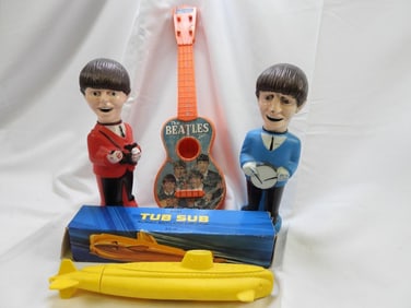 LOT OF 5 BEATLES Collectables Including (2) AVON Yellow Submarines Bubble Bath, (2) 1965 COLGATE