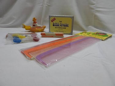 LOT OF 8 BEATLES collectables Including Harmonica, BOXED, 4 Combs, SEALED, Set of Beatles Toy