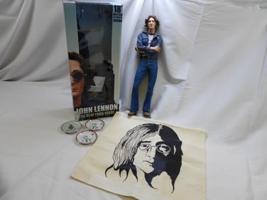 LOT OF JOHN LENNON 18" Motion Activated John Lennon Sculpture, WITH BOX, a Printed Art Textile, and