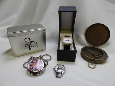 LOT OF 5 Including 3 Wrist Watches, a Pocket Watch, and a "Beatle-Finder" Compass