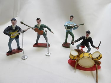 Set of 4 Beatles Toy Figurines and Instruments, Vintage