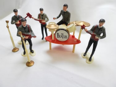 Set of 5 Beatles Toy Figurines and Instruments, Vintage and 4 Mini Collectables Including Superman