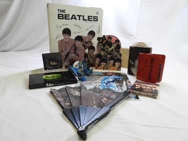 HUGE LOT of BEATLES Memorabilia Including Fan, Binder, Postcards, Coin Purse, Grooming Set, and