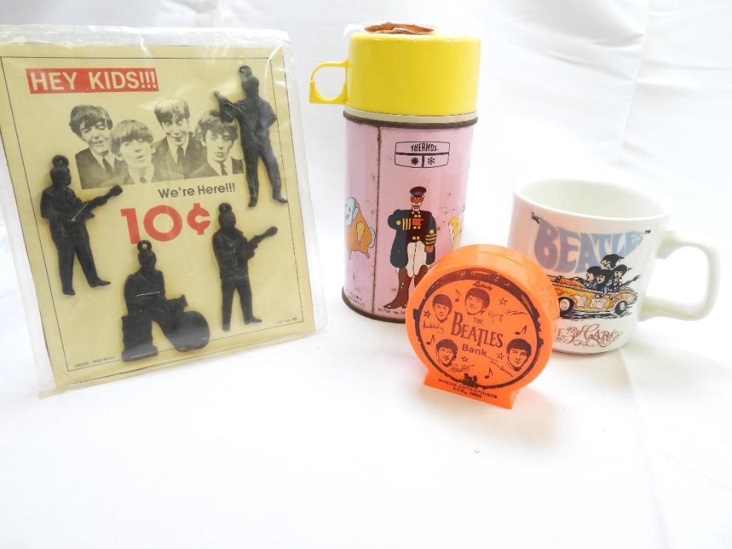 Lot of 3 Beatles  VINTAGE Items includes,  Mug, Coin Bank, and SEALED Rubber Beatles Figures (1 of 7)
