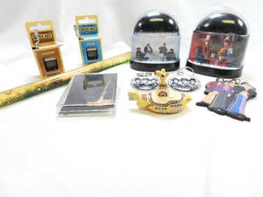 LOT OF 10 Beatles Collectables Including 2 Snow Globes, Key chains, Enamel Box, 2 Music boxes,