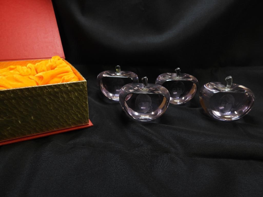 SET OF 4 Heavy Crystal Apples With Beatles Band Members Holographically Etched, BOXED (1 of 6)