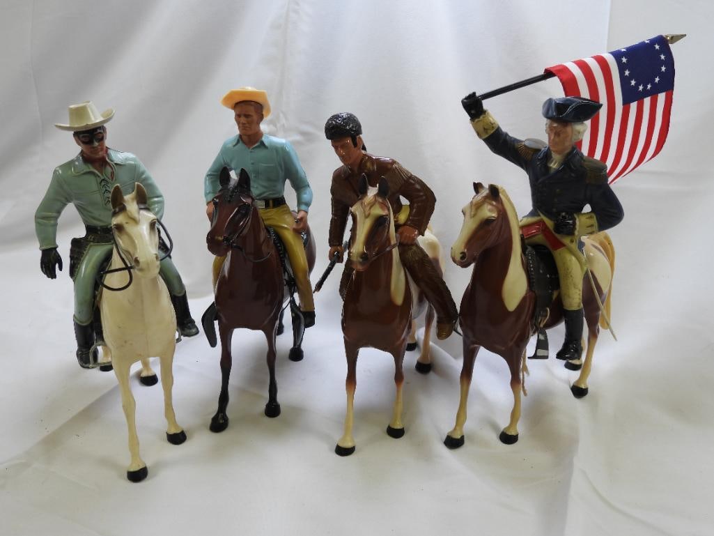LOT OF 4 Action Figures, VINTAGE: Lot includes Davy Crocket, George Washington, Lone Ranger and a 1959 edition Rifleman all seated on horses; VINTAGE; Rifleman is missing a rifle, Washington's horse has chipped ears, all approximately