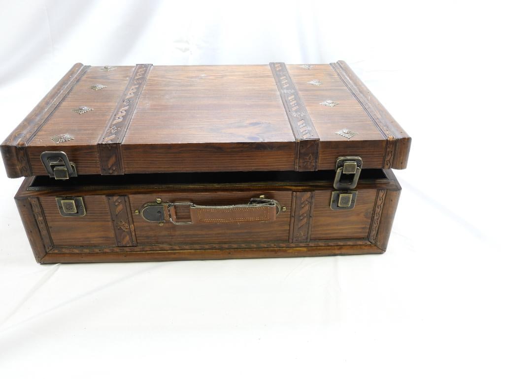 Wood Hinged Trunk/Box With Metal Details, VINTAGE: A handmade hinged wooden trunk with decorative metal details; NOTE damaged handle; approximately 12.63"x 17.75"x 6"