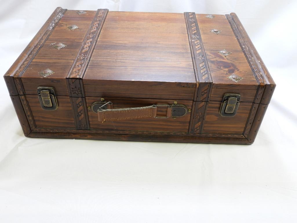 Wood Hinged Trunk/Box With Metal Details, VINTAGE: A handmade hinged wooden trunk with decorative metal details; approximately 12.63"x 6"x 18.75"