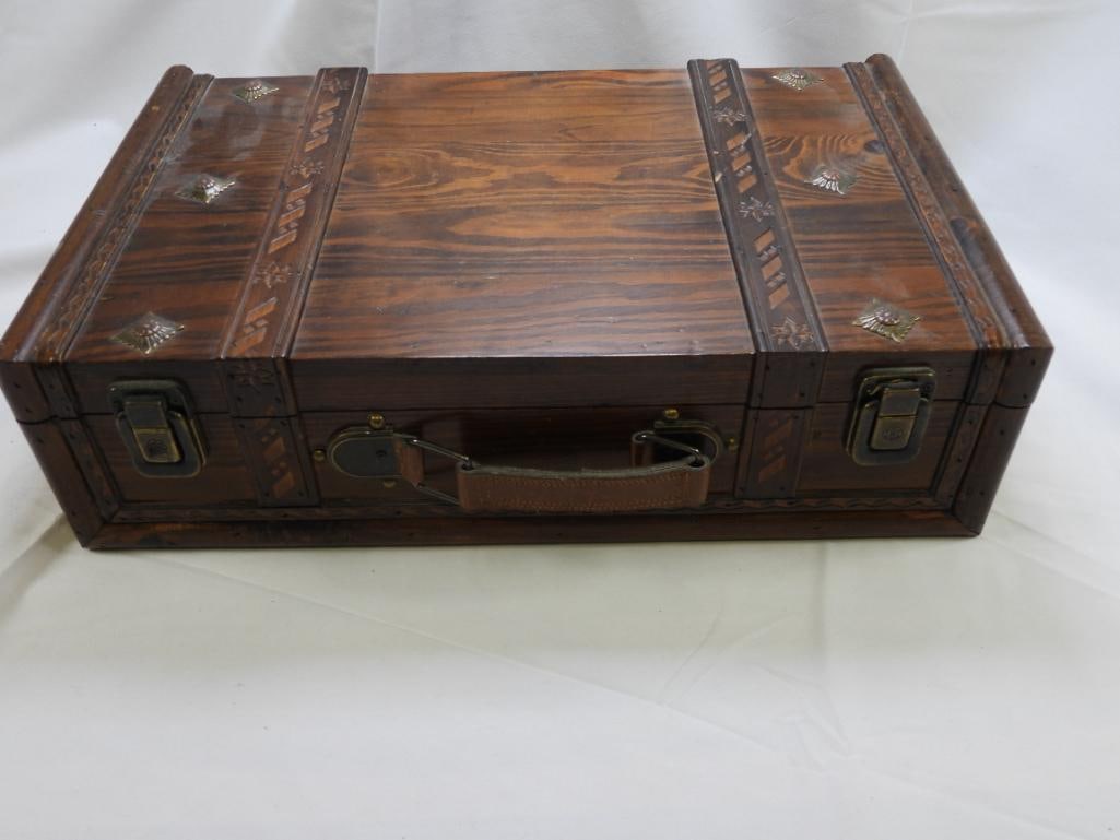 Wood Hinged Trunk/Box With Metal Details, VINTAGE: A handmade hinged wooden trunk with decorative metal details, approximately 10.13"x 4.75"x 16.75"