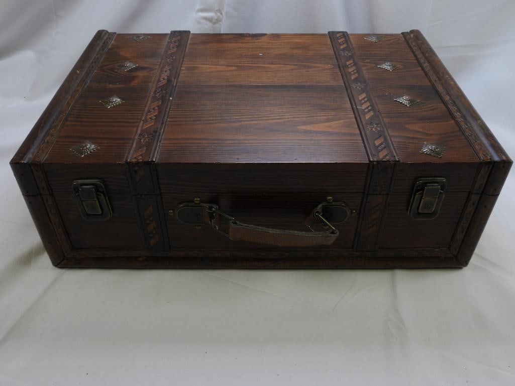 Wood Hinged Trunk/Box With Metal Details, VINTAGE: A handmade hinged wooden trunk with decorative metal details, approximately 12.75"x 6"x 19.75"; NOTE damage to top strap