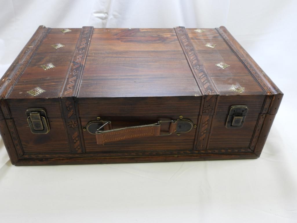 Wood Hinged Trunk/Box With Metal Details, VINTAGE: A handmade hinged wooden trunk with decorative metal details, approximately 12.63"x 6"x 18.75"; NOTE damage to hinge and 1 clasp, as well as wood chipped on base