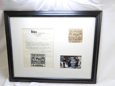 RARE AND COLLECTABLE AUTOGRAPHED Newspaper Clipping Signed By ALL 4 MEMBERS OF THE BEATLES! Framed