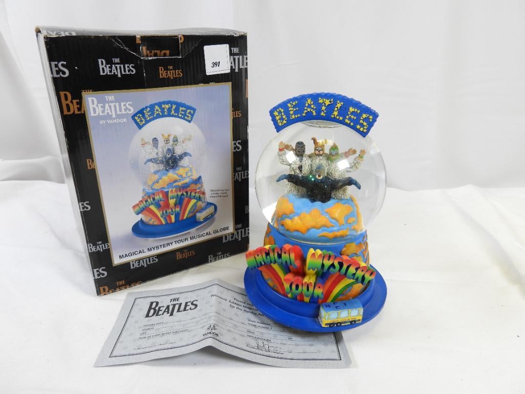 Magical Mystery Tour Snowglobe by VANDOR, BOXED, Item # 64209: A resin and glass animated snowglobe by Vandor, 8" tall, plays "Magical Mystery Tour", working condition, Boxed