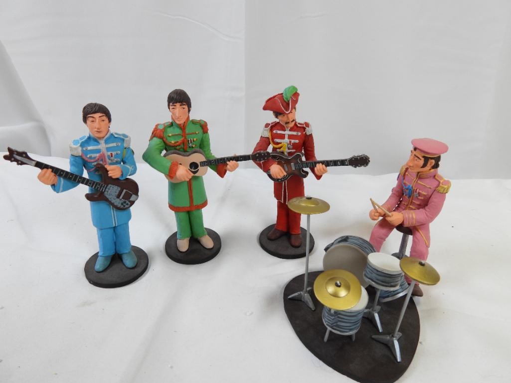 LOT OF 4 Beatles Figurines with Drum set, Handmade: Lot of 4 Beatles figurines along with Ringo's drum set up, hand decorated, ranging in size from 5" to approximately 6.5", drums about 4" tall