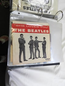 HUGE LOT of 25 Beatles 45's and 4 Collectable Bedsheet Samples Sleep Upon by The Beatles