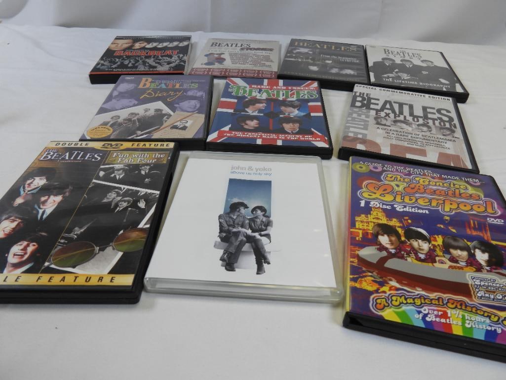 LOT OF 10 DVD's, USED: Lot includes "The Concise Beatles Liverpool", "John and Yoko Above Us Only Sky", "Fun With the Fab Four", "The Beatles Explosion", "Beatles Diary", "Rare and Unseen Beatles", "Beatles From Beginning t
