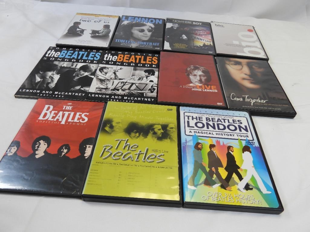 LOT OF 11 DVD's, USED: Lot includes "The Beatles Live", "The Beatles London", "Lennon Timeless Portrait", "The Beatles' Women", "Nowhere Boy", "Two of Us", "Composing the Beatles Songbook" 1957-1965, and 1966-1970, "Come To